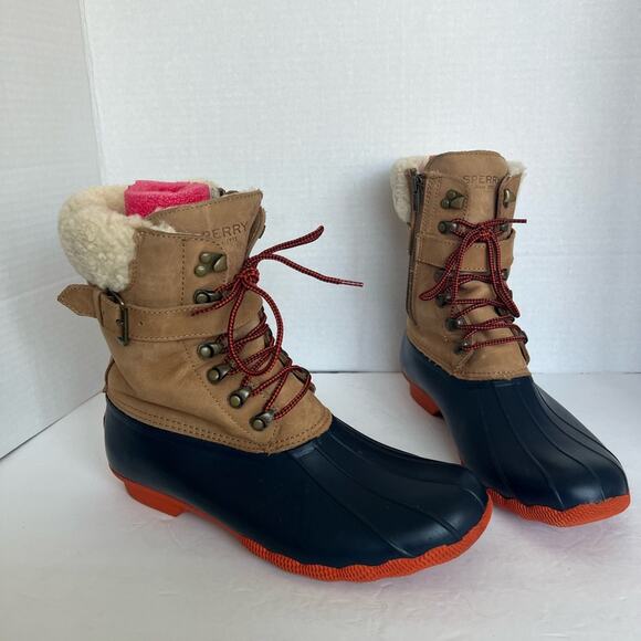 NWOT Sperry Shearwater Winter Waterproof Fur Leather Rubber Tan/Navy Boots 11 - Picture 2 of 9